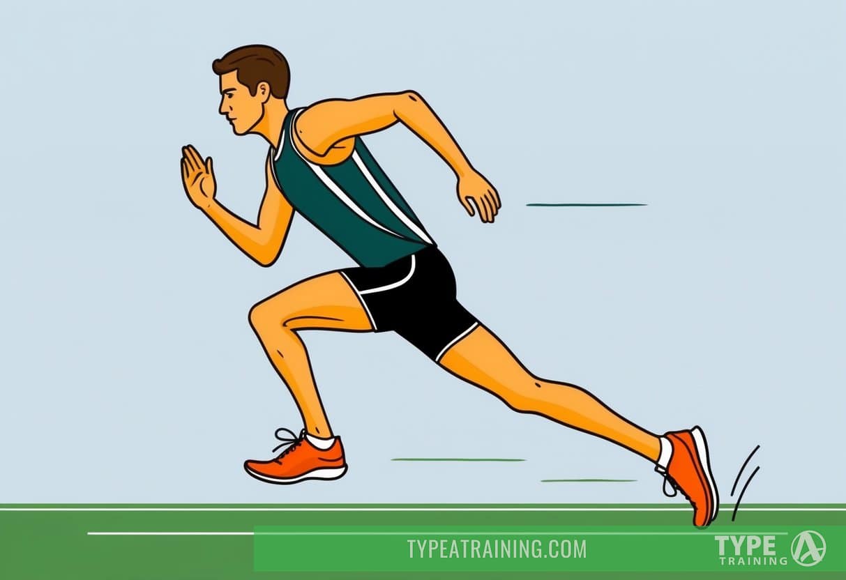 A runner with proper form: head up, shoulders relaxed, arms bent at 90 degrees, and feet landing under the body