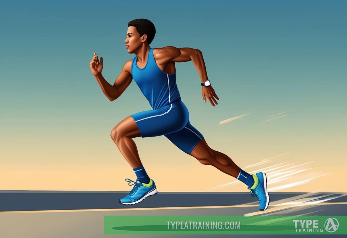 A runner with proper form, head up, shoulders back, arms swinging, and feet landing lightly on the ground