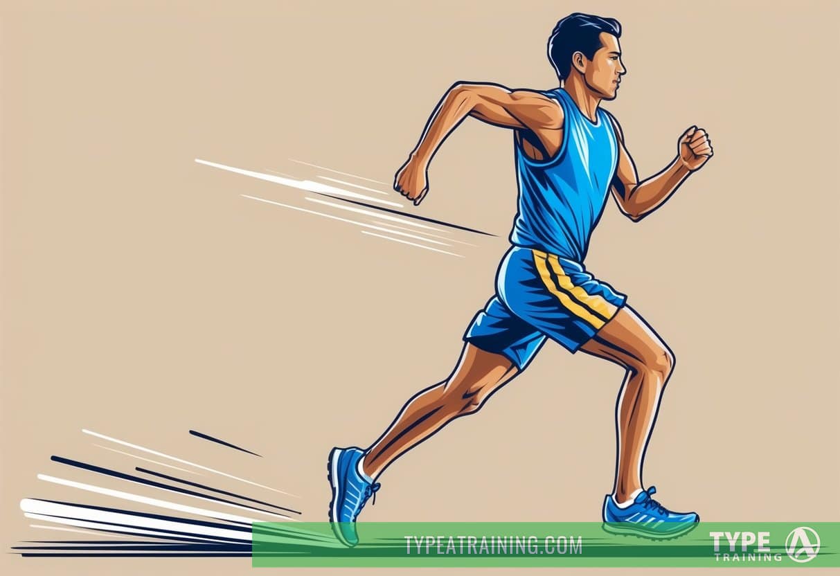 A runner with upright posture, relaxed shoulders, and arms swinging parallel to the body, with a slight forward lean, and midfoot striking the ground