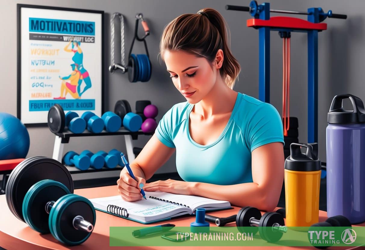A person writing in a workout log with various fitness equipment and a motivational poster in the background