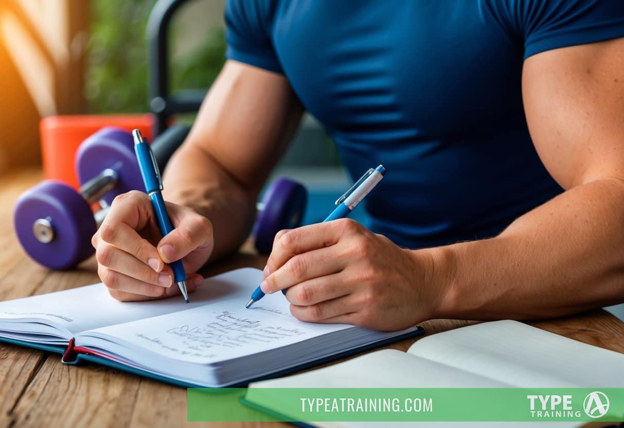 A person writing in a workout journal with exercise equipment in the background