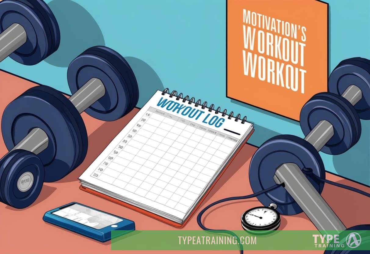 A person's workout log surrounded by gym equipment and a stopwatch, with a motivational poster on the wall