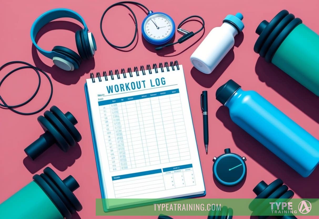 A workout log surrounded by fitness equipment and a water bottle, with a stopwatch and heart rate monitor nearby