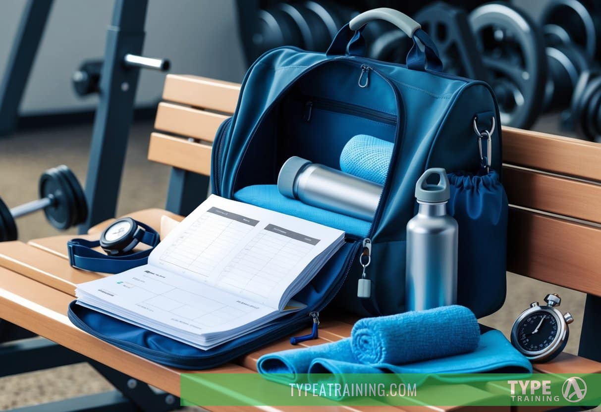 A gym bag open on a bench, spilling out a workout log, water bottle, and sweat towel. A stopwatch sits nearby, surrounded by scattered gym equipment