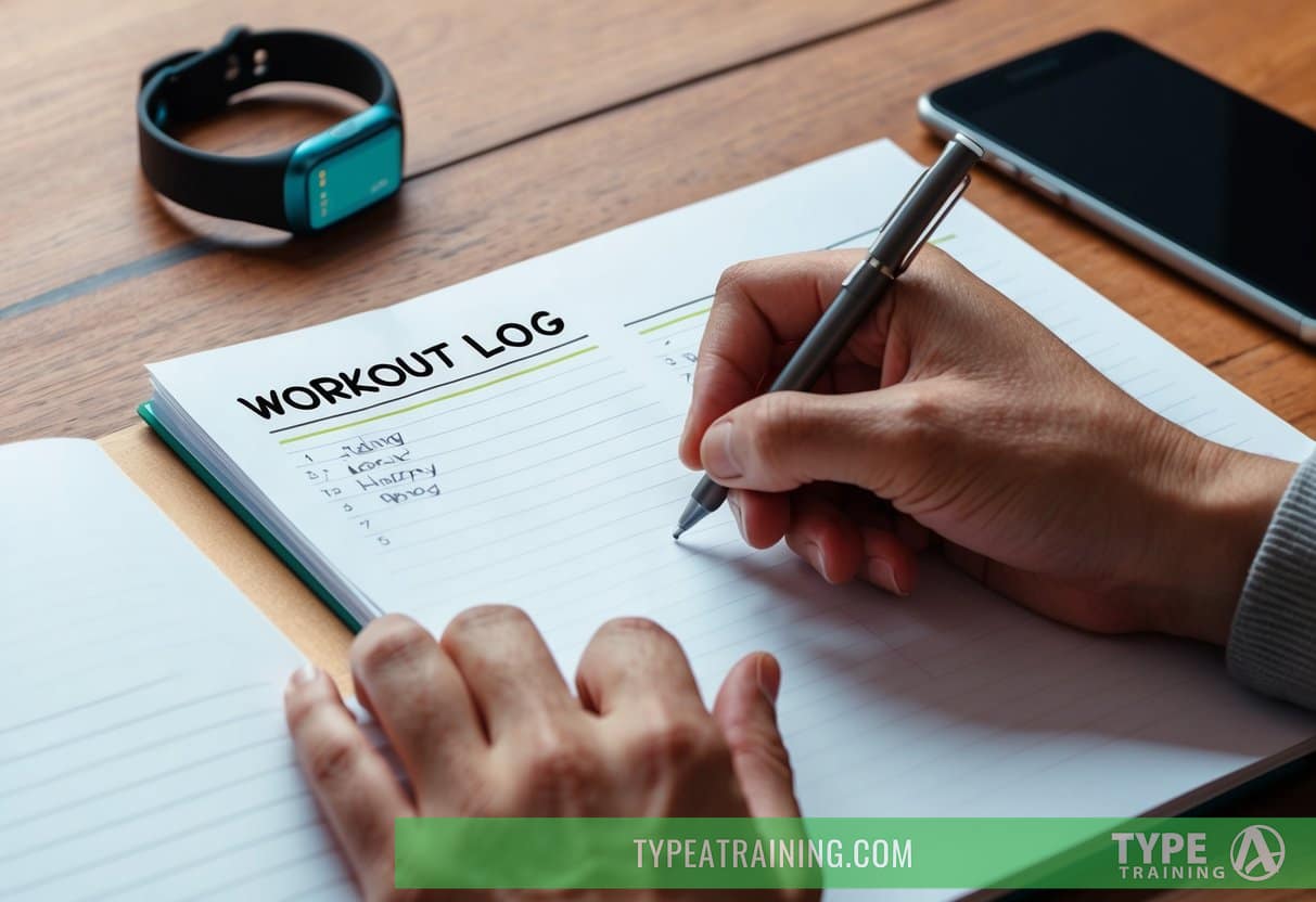 A person's hand writing in a workout log with a fitness tracker and smartphone nearby