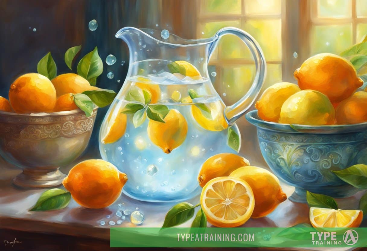 A clear glass pitcher filled with water, surrounded by fresh lemons, oranges, and a small bowl of sea salt