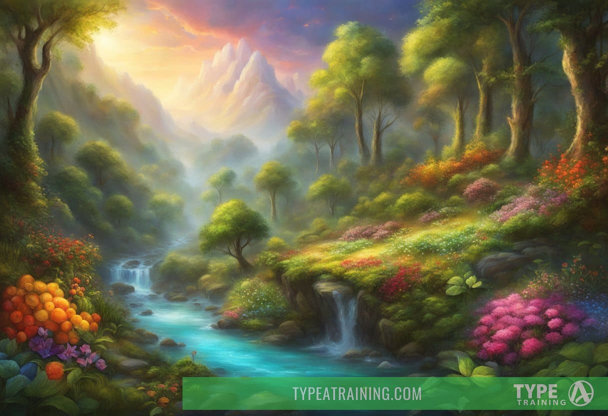 A lush forest with a clear stream flowing through it, surrounded by vibrant greenery and colorful flowers. A few ripe fruits and vegetables are scattered nearby