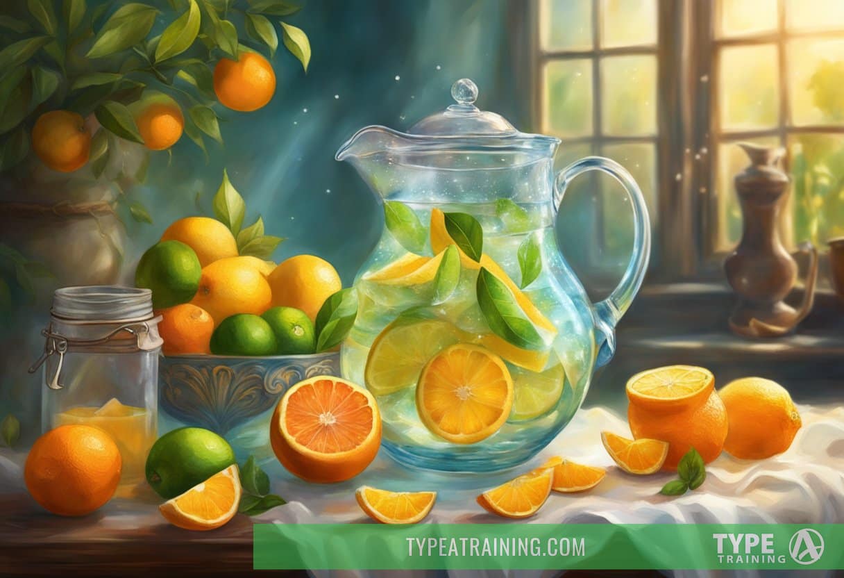 A glass pitcher filled with water, surrounded by fresh fruits like oranges, lemons, and limes. A measuring spoon and a jar of salt are also on the table