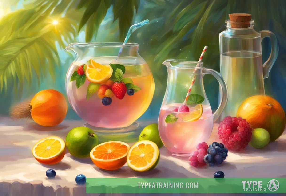 A glass filled with a homemade electrolyte drink, with coconut oil and various fruits, sitting on a table next to a bowl of coconut oil and a pitcher of water