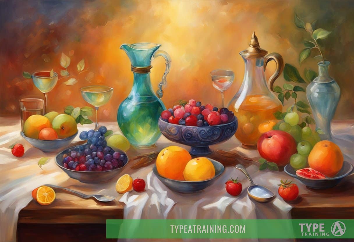 A table with assorted fruits, a jug of water, and a bowl of salt, with a mixing spoon and glass nearby