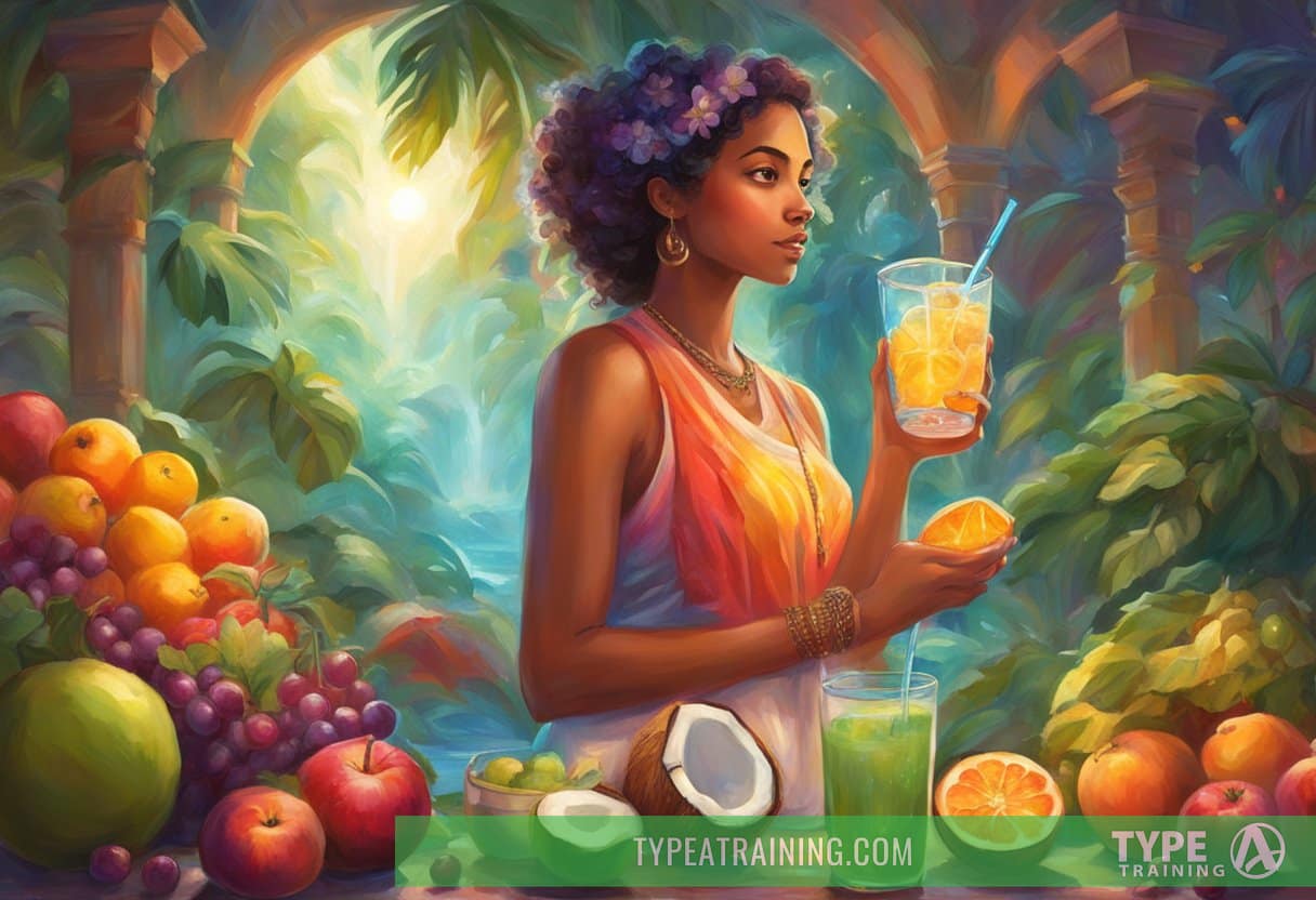 A person mixing fruits and coconut water in a blender, surrounded by fresh produce and a glass of electrolyte drink