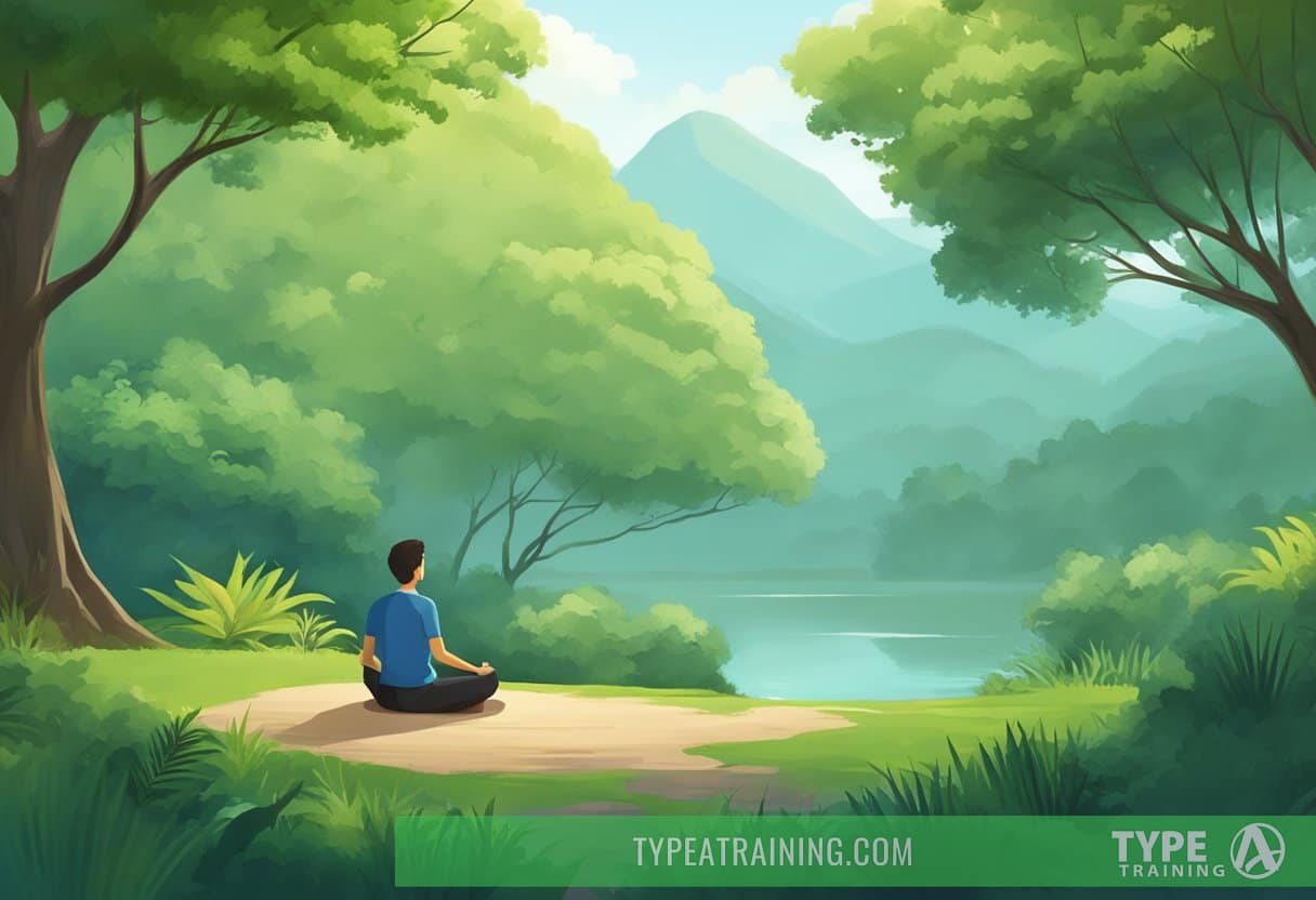 A serene nature scene with a person meditating, surrounded by greenery and a calming atmosphere