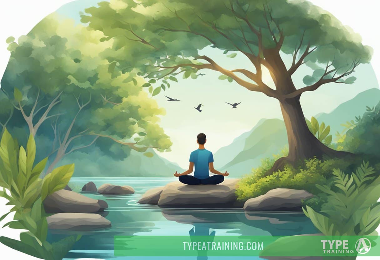 A person meditating in a peaceful, nature-filled setting, surrounded by calming elements like water, trees, and birdsong