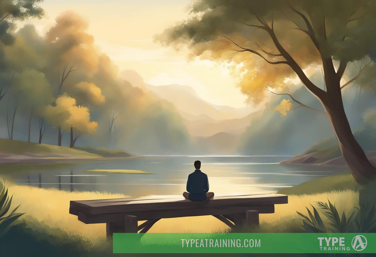 A serene, tranquil setting with soft, natural lighting. A person sits or stands, eyes closed, inhaling deeply, with a sense of calm and peacefulness