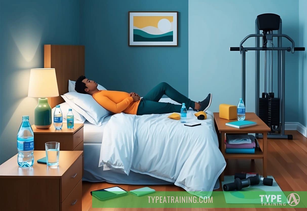 A messy bedroom with a person lying in bed, empty bottles and a glass of water on the nightstand, and exercise equipment in the corner