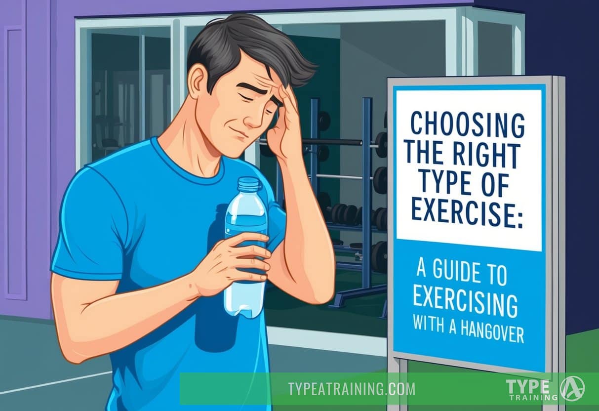 A person holding a water bottle and standing in front of a gym, with a headache and a tired expression, while looking at a sign that says "Choosing the Right Type of Exercise: A Guide to Exercising With a Hangover"