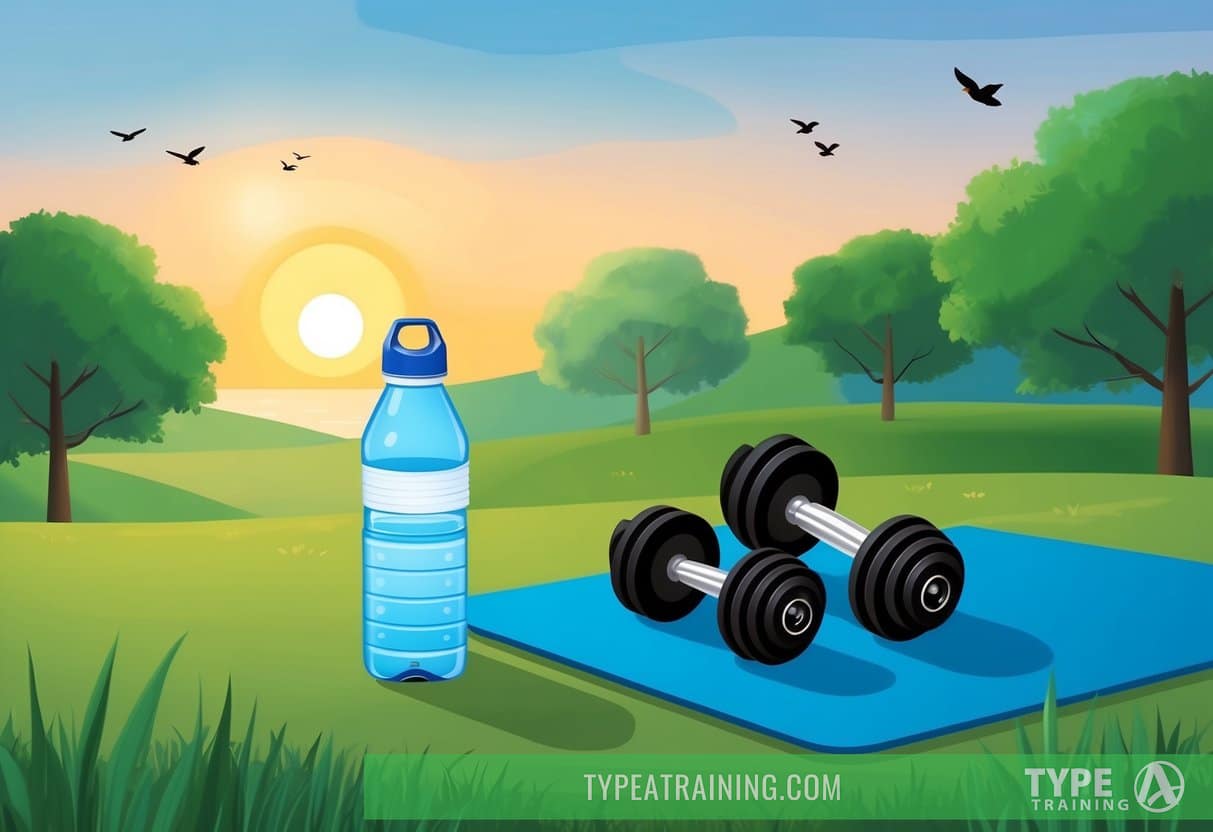A serene morning landscape with a water bottle, exercise mat, and light weights set up outdoors. Sunrise colors the sky as birds chirp in the distance