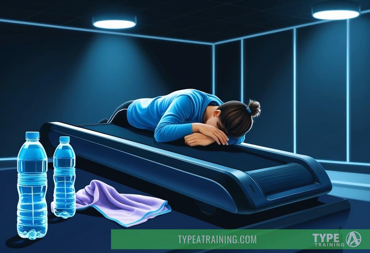 A dimly lit gym with empty water bottles and a discarded towel. A person slumps over a treadmill, head resting on their arms