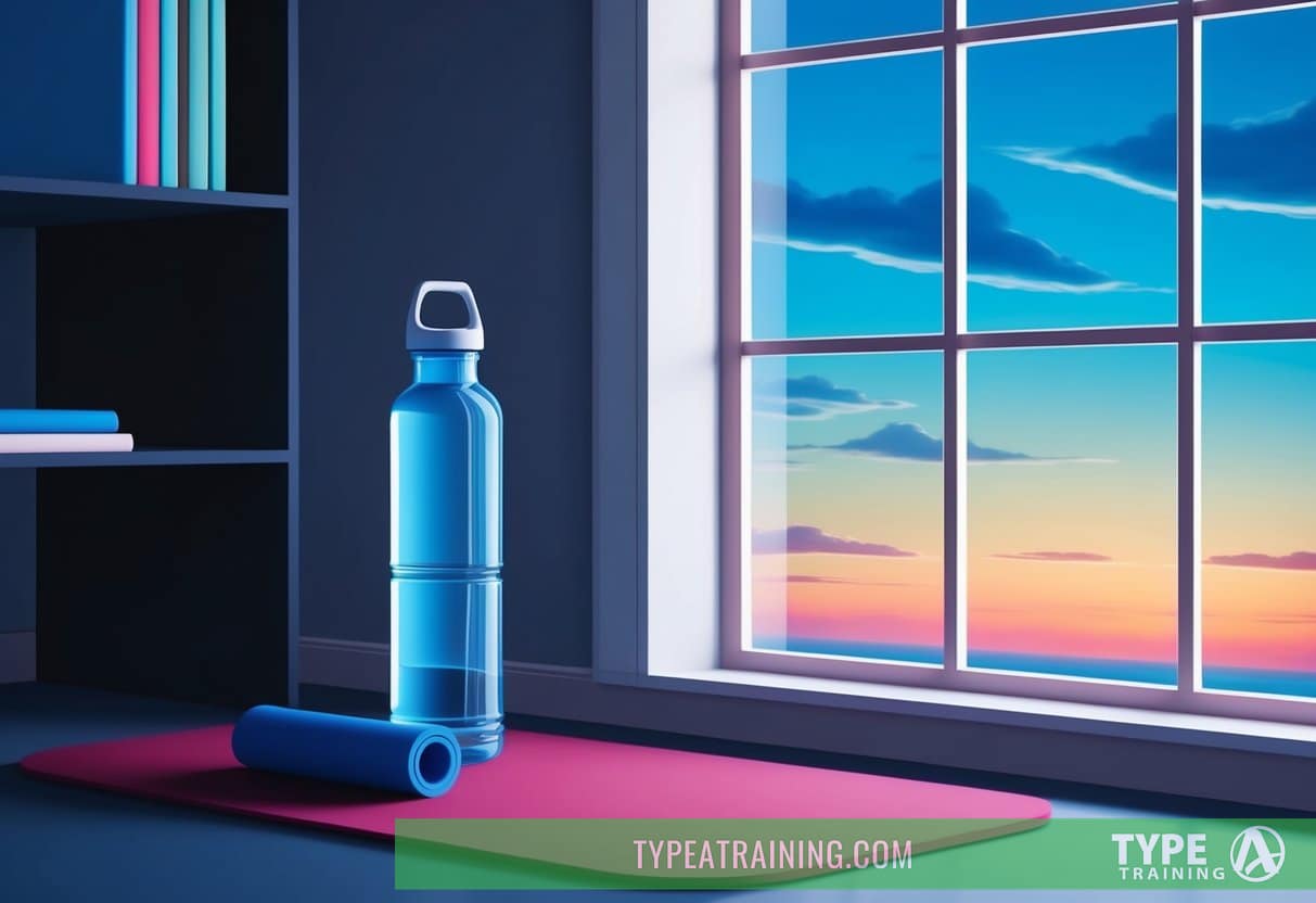 A dimly lit room with a water bottle, exercise mat, and a window showing the early morning sky