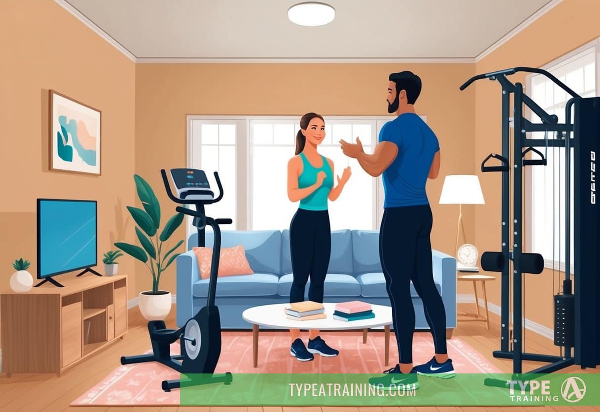 A cozy living room with exercise equipment, soft lighting, and a sense of privacy. A personal trainer guiding a client through a workout