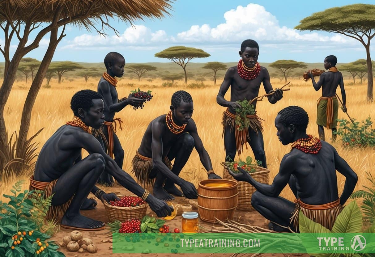 A group of Hadza people foraging for wild berries, roots, and honey in the savannah of Tanzania