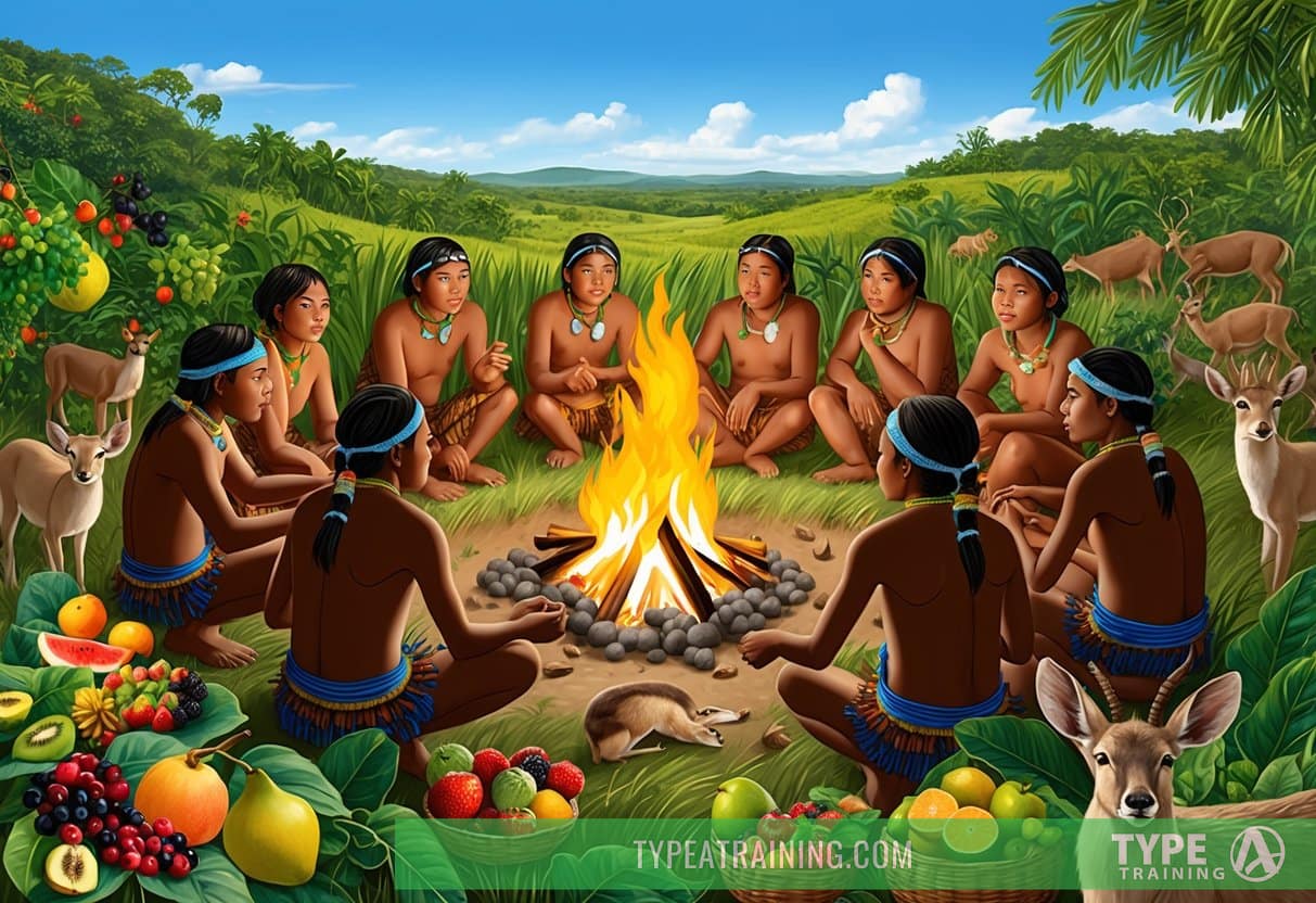 A group of Hadza people gather around a fire, surrounded by various fruits, berries, and wild game. The landscape is filled with lush greenery and a clear blue sky