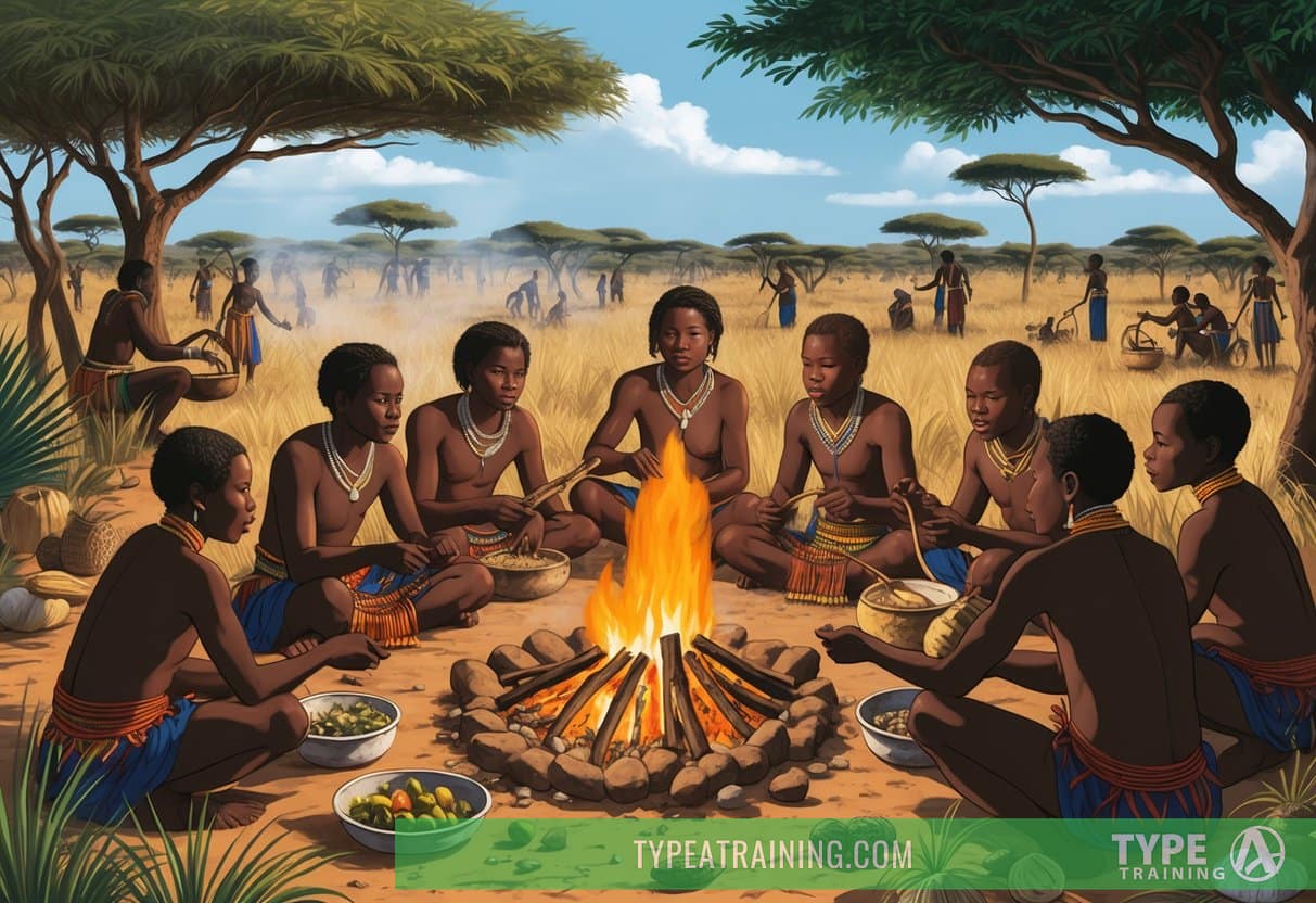 A group of Hadza people gather around a fire, surrounded by the African savanna. They are foraging for wild fruits, nuts, and tubers, and preparing a meal using traditional cooking methods
