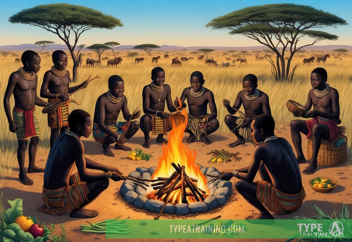 A group of Hadza people gather around a fire, roasting meat and foraging for wild fruits and vegetables in the savannah landscape of Tanzania