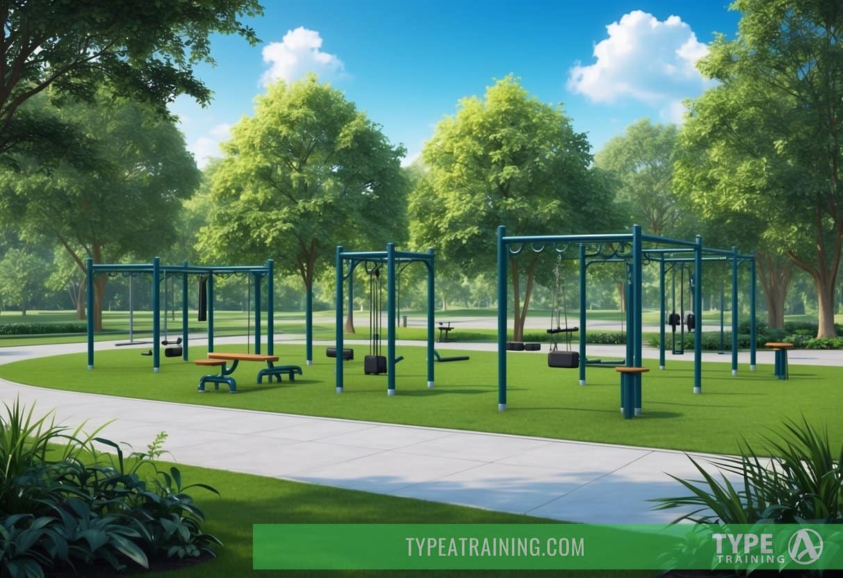 A serene park with a variety of workout stations, surrounded by lush greenery and a clear blue sky