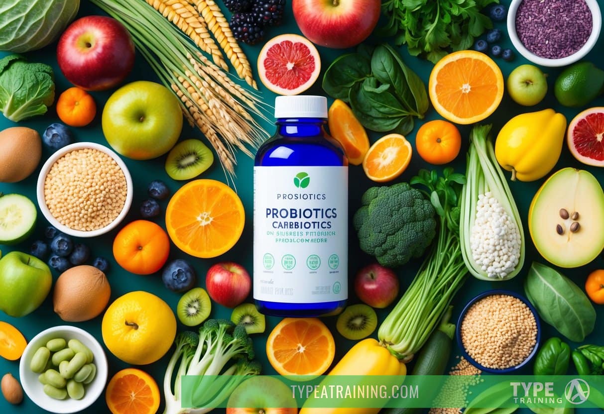 A diverse array of fruits, vegetables, and grains surround a bottle of probiotics, showcasing the natural sources of prebiotics for gut health