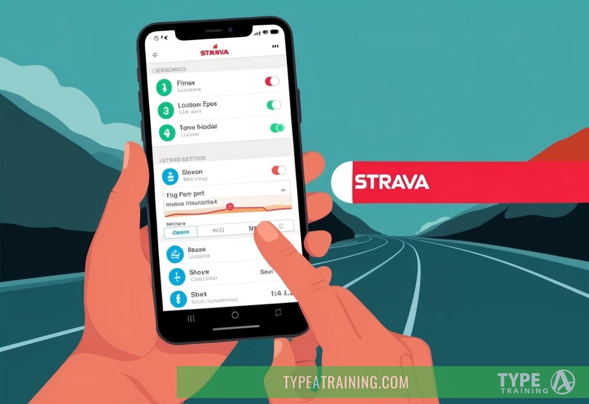 A person's phone with Strava app open, location settings being turned off