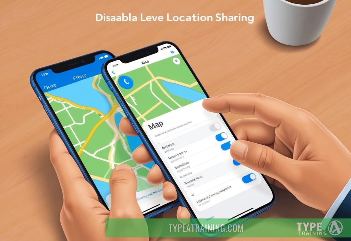 A person adjusting privacy settings on a phone with a map app open. They are tapping on the screen to disable location sharing