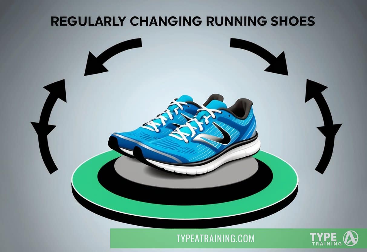 A pair of running shoes on a rotating platform, surrounded by arrows pointing in different directions, symbolizing the importance of regularly changing and rotating running shoes for optimal performance and longevity