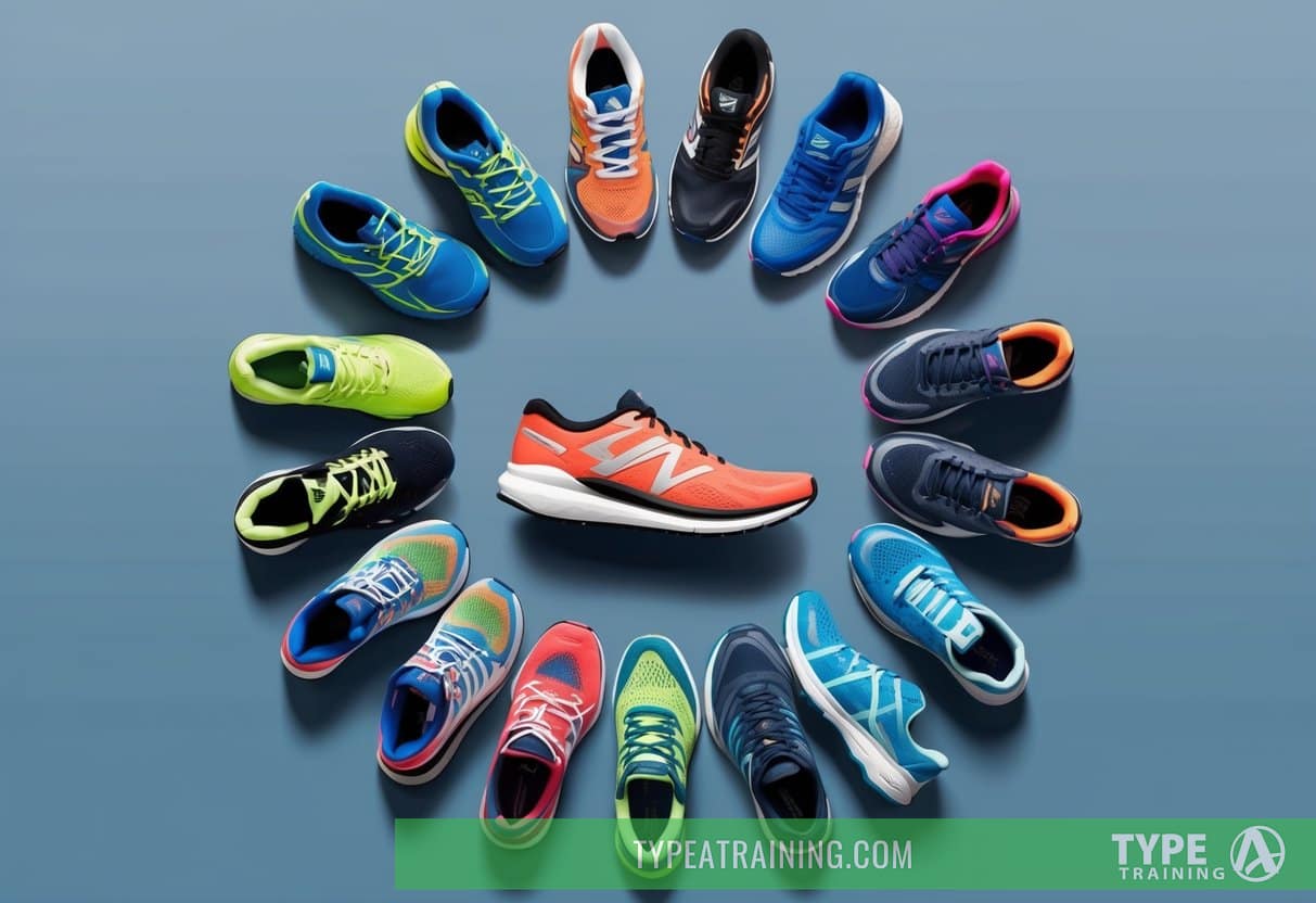 A collection of different styles and brands of running shoes arranged in a circular pattern, symbolizing the concept of shoe rotation for performance and longevity