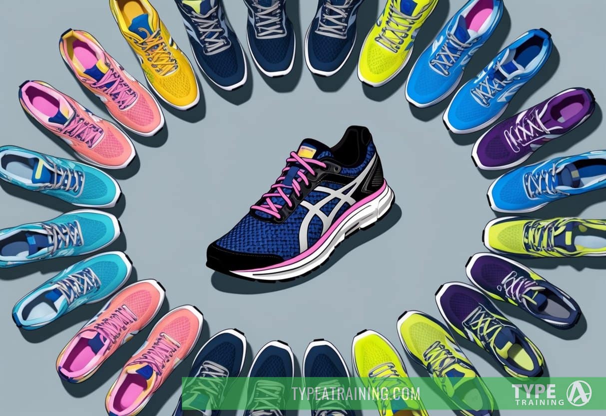 A collection of running shoes arranged in a circular pattern, with one pair prominently displayed in the center. The shoes vary in color, style, and wear, suggesting regular rotation for maximum performance and longevity