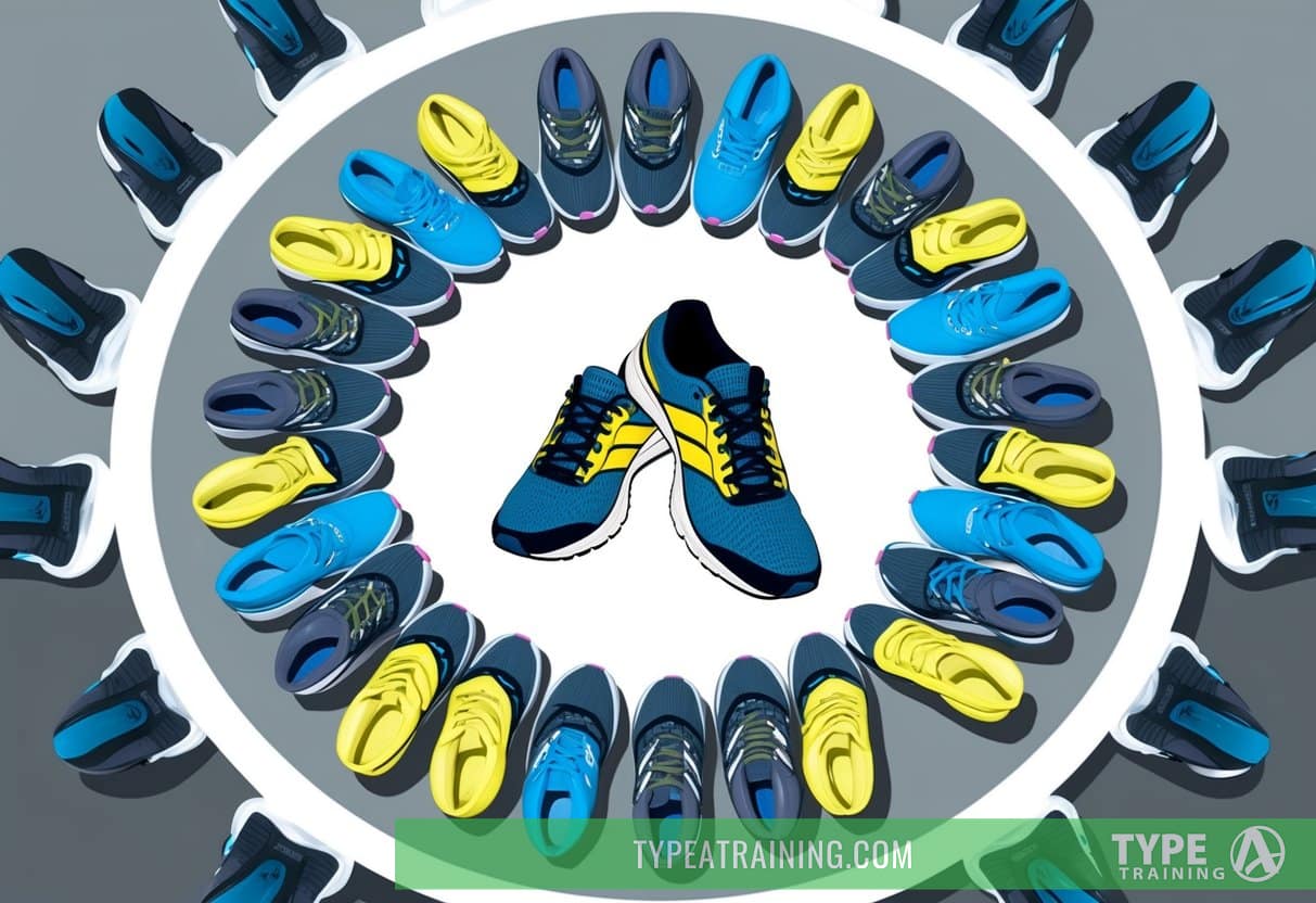 A pair of running shoes arranged in a circular pattern, with one pair in the center and several pairs surrounding it, symbolizing the concept of rotating running shoes for maximum performance and longevity