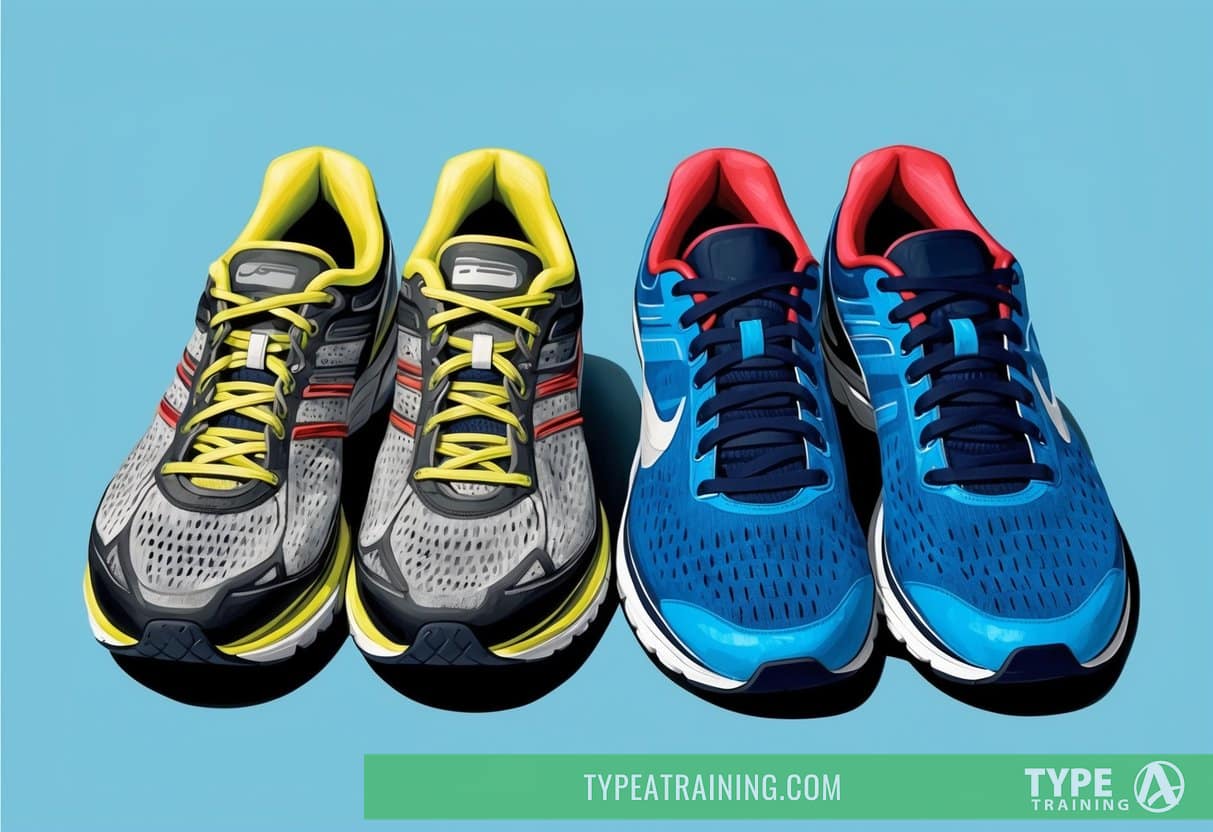 A pair of worn-out running shoes sits next to a fresh pair, emphasizing the importance of rotating shoes for performance and longevity