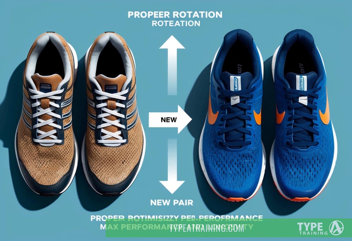 A pair of worn-out running shoes next to a new pair, with arrows indicating the proper rotation process for maximizing performance and longevity
