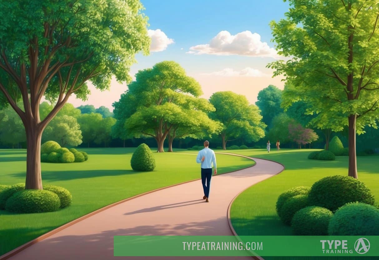 A serene park setting with a winding path through lush greenery, with a figure walking leisurely after a meal