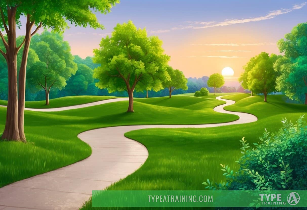 A serene park with a winding path surrounded by lush greenery, with a gentle breeze and the sun setting in the distance
