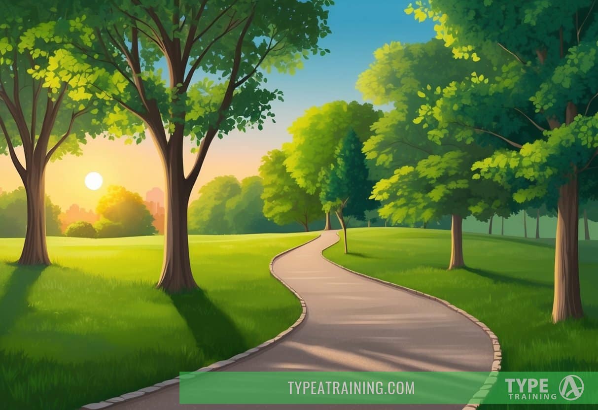 A serene path through a park, with a winding trail and lush greenery, as the sun begins to set, casting a warm glow over the landscape