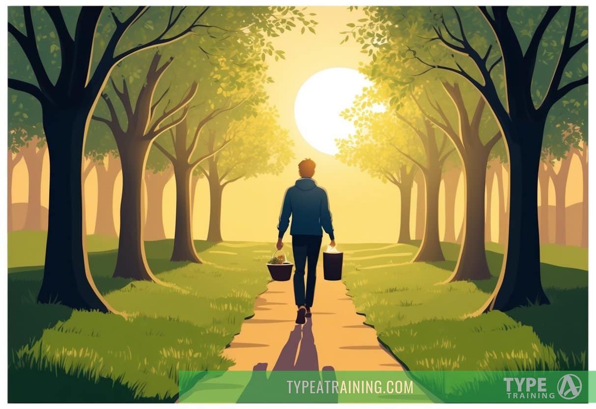 A person walking through a peaceful, tree-lined path after a meal, with a warm, golden glow from the setting sun casting long shadows on the ground