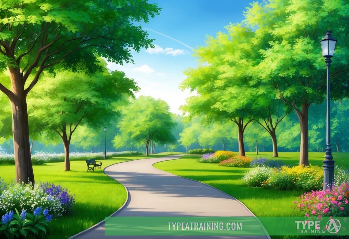 A serene park pathway surrounded by lush green trees and colorful flowers, with a gentle breeze and a clear blue sky overhead