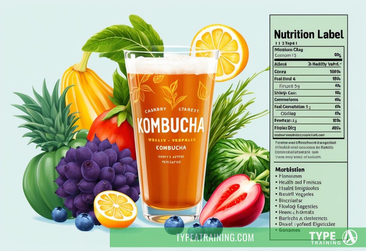 A glass of kombucha surrounded by various fruits and vegetables, with a nutrition label and a list of health benefits displayed nearby