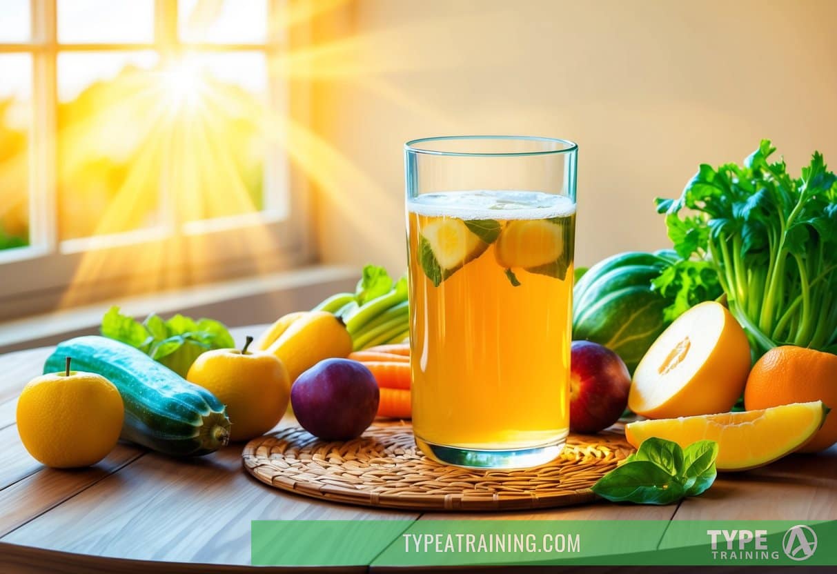A glass of kombucha surrounded by fresh fruits and vegetables on a wooden table. Sunshine streaming in through a nearby window, casting a warm glow over the scene