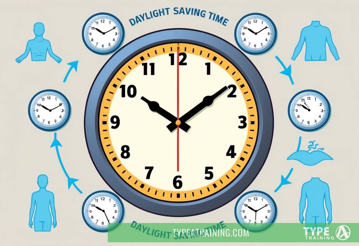 A clock showing two different times, one with daylight and one without, surrounded by symbols representing the effects of Daylight Saving Time on the body