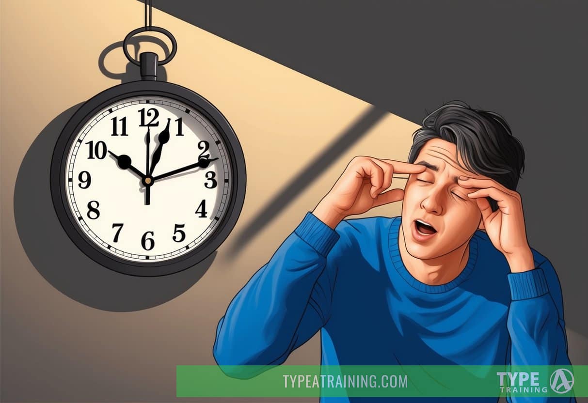 A clock striking 2am, casting long shadows as the sun sets earlier, while a person yawns and rubs their eyes in fatigue