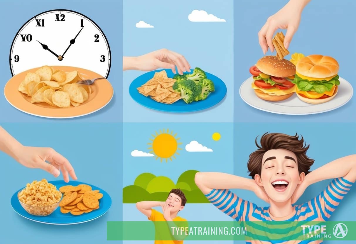 A clock with hands pointing to different times, a plate of food with changing portion sizes, a person reaching for different types of snacks, a sun rising and setting, a person yawning and stretching