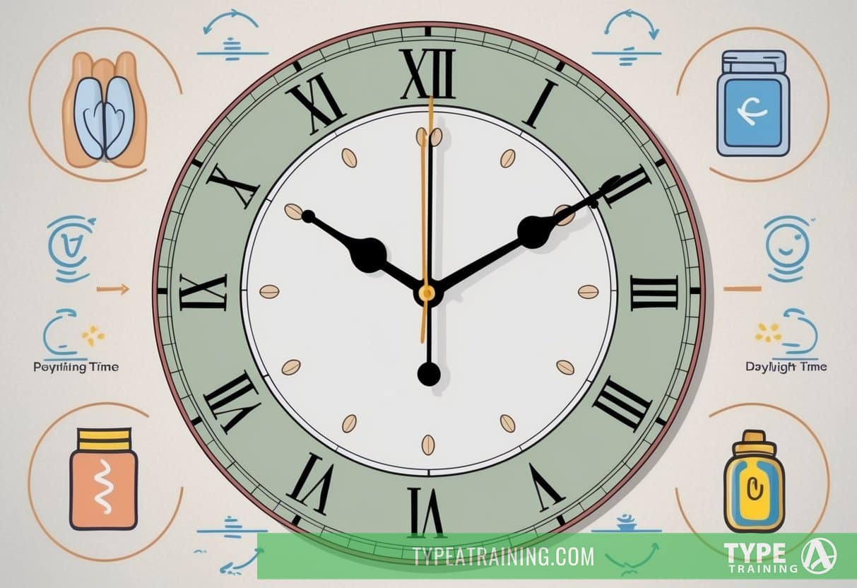 A clock face with hands pointing to different times, surrounded by symbols representing the body's reaction to daylight saving time