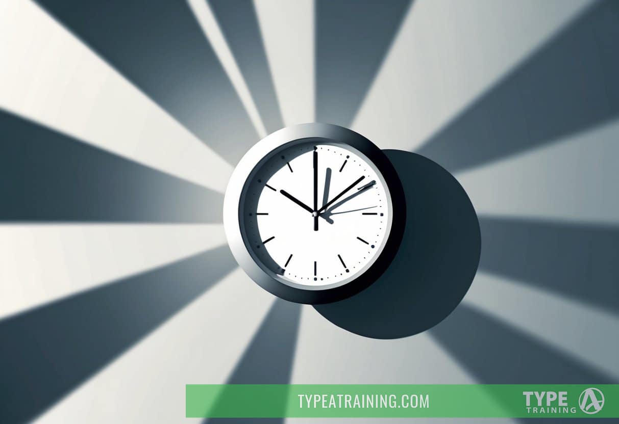 A clock surrounded by swirling rays of light, casting long shadows on a wall. The hands of the clock appear to be moving in opposite directions